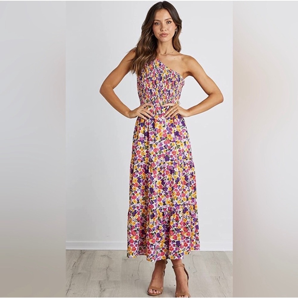 BTFBM Floral One Shoulder Maxi Dress Women Medium Multicolor